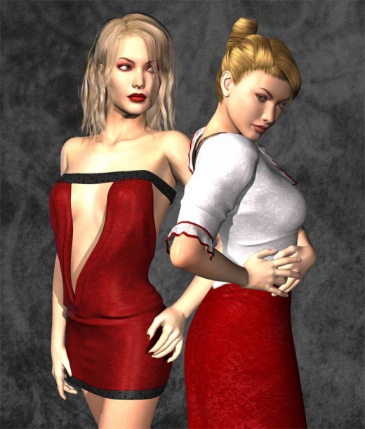 Women on left with short red dress, woman on right with long red dress and high collar.