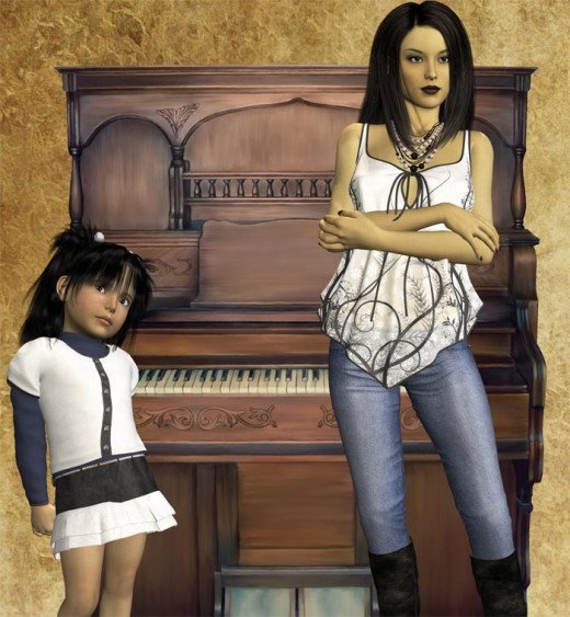 Chinese mother and daughter standing apart, in front of a piano.