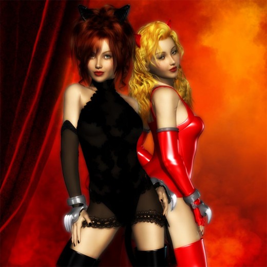 Black catgirl standing strong in front, red catgirl in a more vulnerable pose behind.