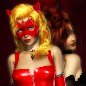 Close-up of masked red catgirl and unmasked black catgirl at the back.