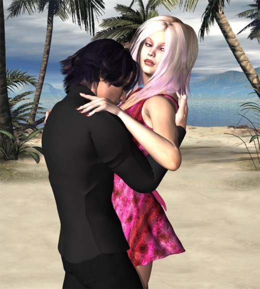 Man in black holding and kissing blonde in pink dress on a beach.