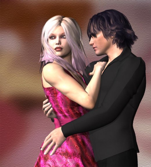 Man in black holding blonde in pink dress who is turned away and looking forward.