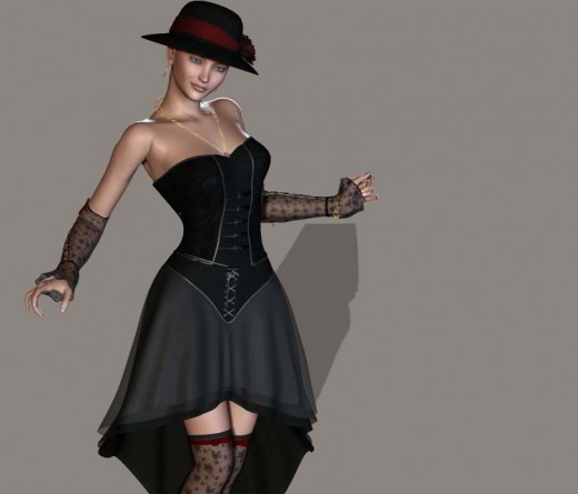 More flamboyant attractive woman with hat, gloves, corset, and stockings.