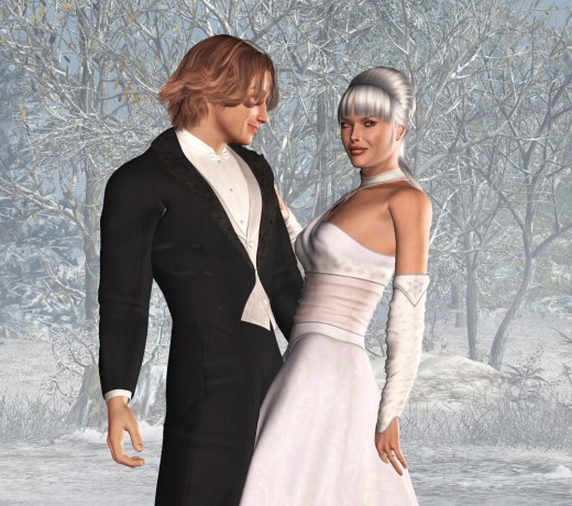 Bride in white to the right and groom in black tuxedo to the left on a white winter background.