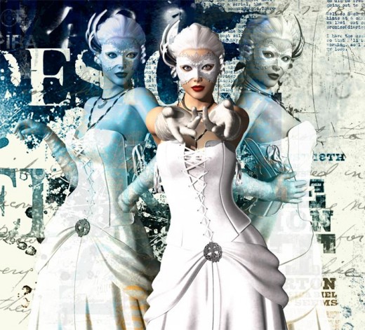 Three girls in white masks standing in front of a design background.