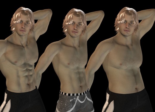 Three blonde men with the same face and pose, but with different body types.