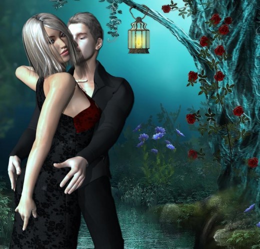 Man in black dancing with blonde woman in black on a blue night with lamp and roses in background.