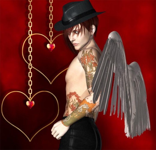 Bad boy Cupid with tattoos, white wings, red hair, and a black hat.