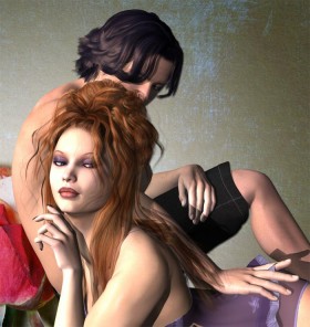 Woman with piled up red hair and violet makeup in the foreground, man in background on rose promotional paper.