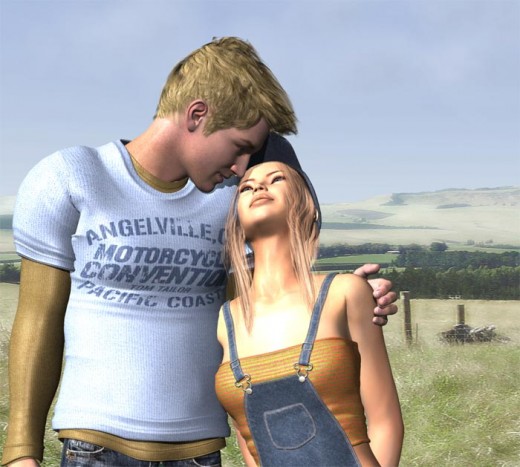 Boy and girl touching heads and walking together on a field of green grass and blue skies.