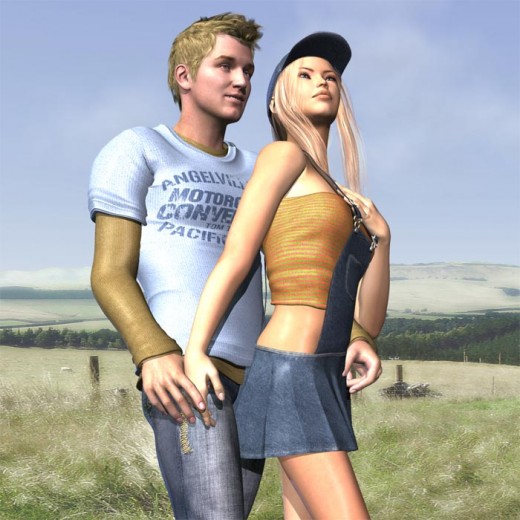 Boy in shirt and jeans holding hands with girl in cap and overalls in a green field of grass and blue skies.