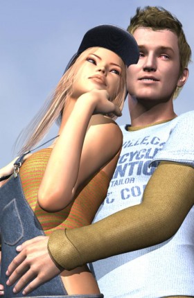 Young man in casual shirt hugging girl in cap and overalls.