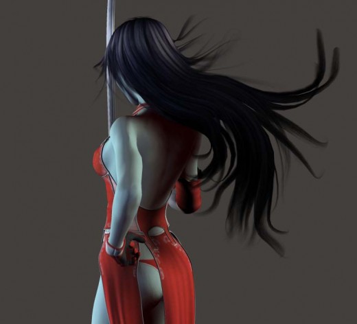 Assertive woman turned to the back with black hair flying and holding a sword straight-up.