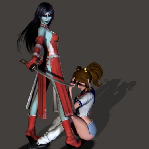 Assertive woman holding a sword and standing over obedient woman sitting on the floor.