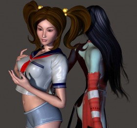 Obedient woman and assertive woman standing back to back.