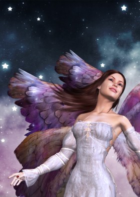 Dream angel with colorful wings, smiling and flying in the night sky.