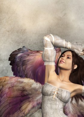 Side profile of dream angel with colorful wings, looking up and smiling, with arm lifted over head.