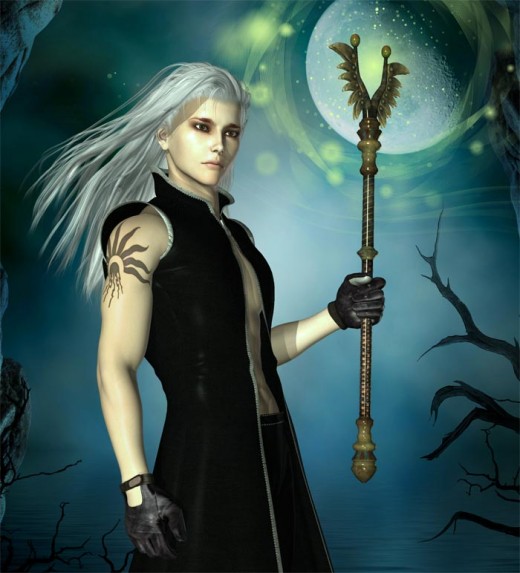 Dark dream wizard holding a magic staff, on a dark background with a large moon.