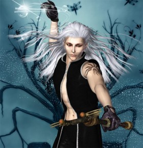 Dream wizard holding a staff on his left hand, with his right hand raised to cast a magic spell.