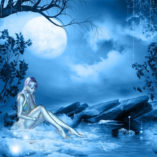 Blue dream girl sitting and playing in a calm pool of water, under a bright full moon.