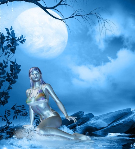 Blue dream lady sitting at the edge of water (pool), under a full moon.