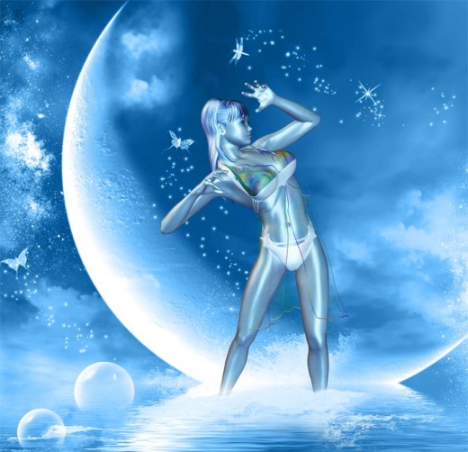 Blue dream girl standing ankle deep in water while catching fireflies, in front of a backdrop of a large moon.