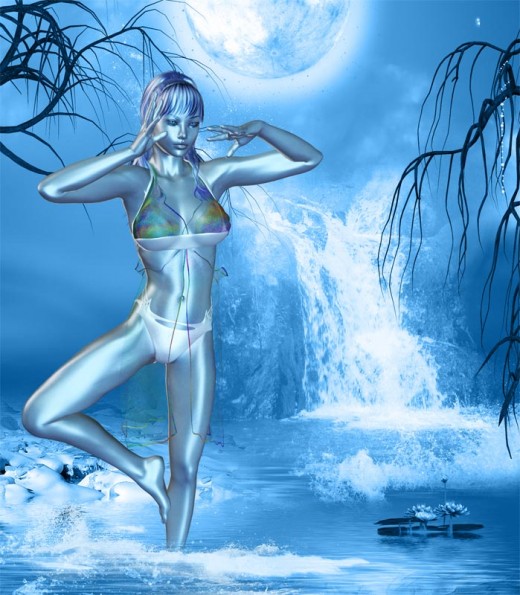 Blue dream girl standing ankle deep in water, in Yoga pose, in front of a waterfall.