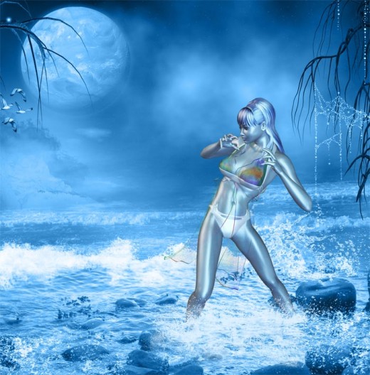 Blue dream girl standing knee deep in turbulent water and waves, looking somewhat fearful.