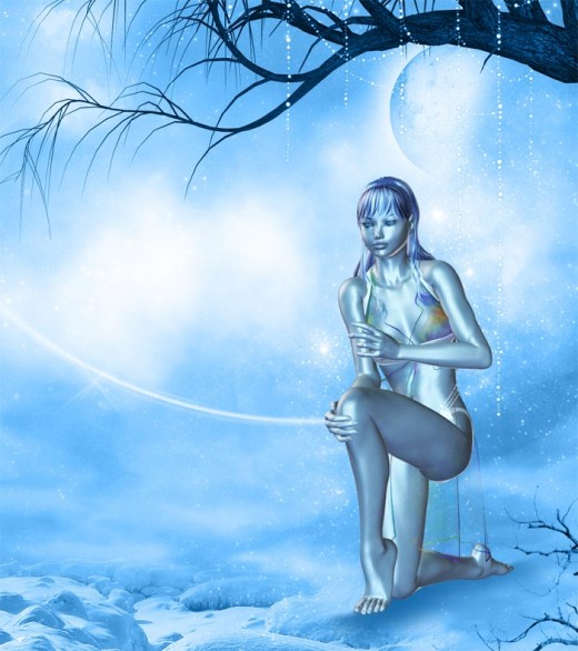 Blue dream girl kneeling on the ground, next to some water. Two moons and branches in the background.