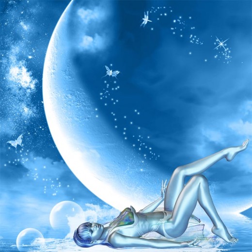 Blue dream girl lying peacefully on top of the water, amidst some bubbles, with a very large moon as the backdrop.
