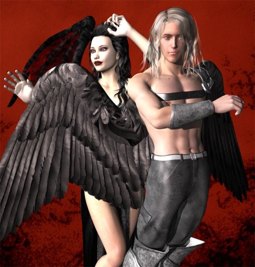 Dark male dream angel in front, dressed for war, and with arm out. Dark female dream angel in the back.