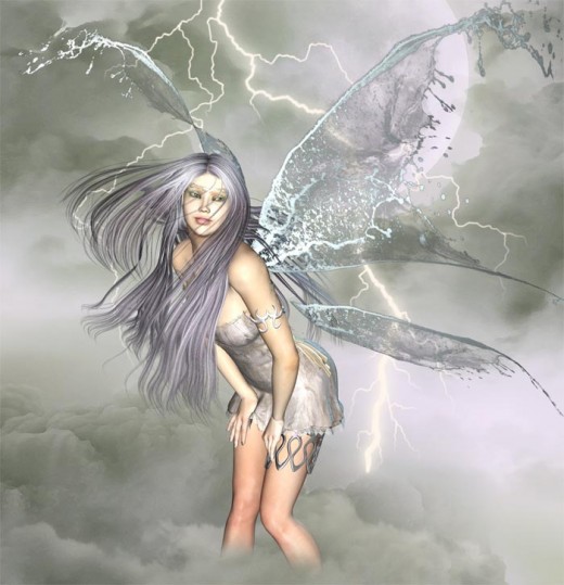 White dream angel standing knee deep in clouds, in the middle of a thunderstorm in the sky.