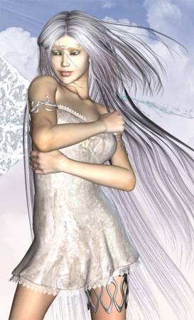 White dream angel with arms around body in protection, and hair whipped back.
