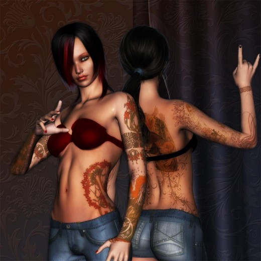 Floral dream tattoo girl facing forward, and nouveau dream tattoo girl facing back.