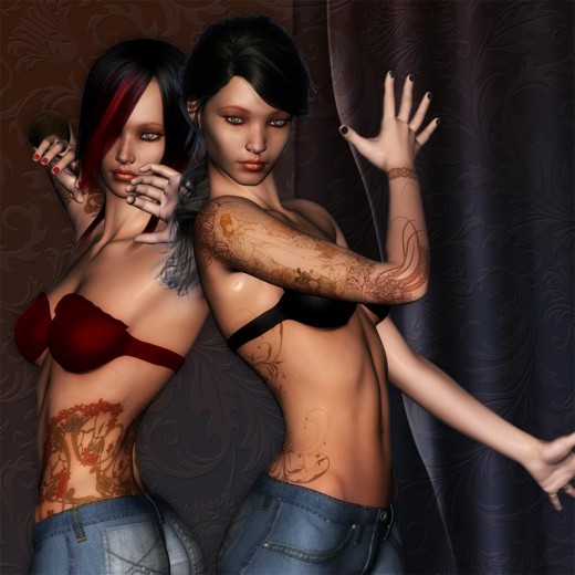 Flower dream tattoo girl and nouveau dream tattoo girl standing back to back, showing jazz hands.