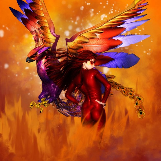 Fire Goddess turned to the right, flying Phoenix turned to the left. Both figures are back to back on a fiery background.