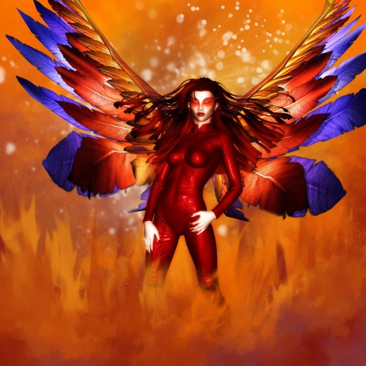 Fire Goddess standing with colorful Phoenix wings sprouting from her back.
