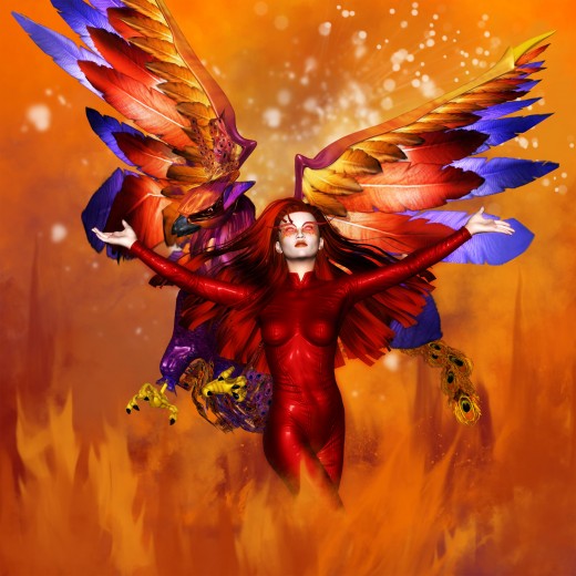Fire Goddess with arms wide open in an inviting pose. Phoenix flying down and facing toward the left.