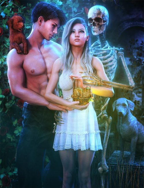 Love, loss, and depression. White haired girl holding a mechanical steampunk heart. Love is represented by a man and puppy on one side and loss is represented by a skeleton and grave on the right side. Fantasy woman art. Daz Studio Iray image.