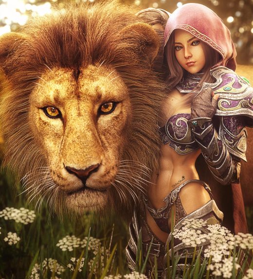 Love between fantasy girl and lion. Cute armored warrior girl with hood and lion. Fantasy woman pinup 3d-art.  Flowers and grass in the background. Daz Studio Iray image. 