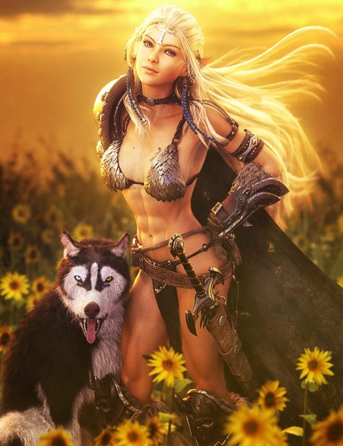 Smiling white haired fantasy warrior girl with armor and sword standing next to her Husky dog in a field of sunflowers. There is much love. Fantasy woman pinup 3d-art. Daz Studio Iray image.