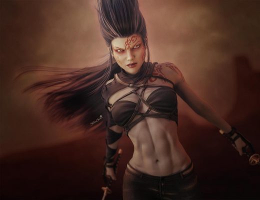 Facing our fears. Tattooed fierce fantasy woman warrior with long hair blowing in the wind and swords ready for battle. Fantasy action girl 3d-art. Daz Studio Iray image.