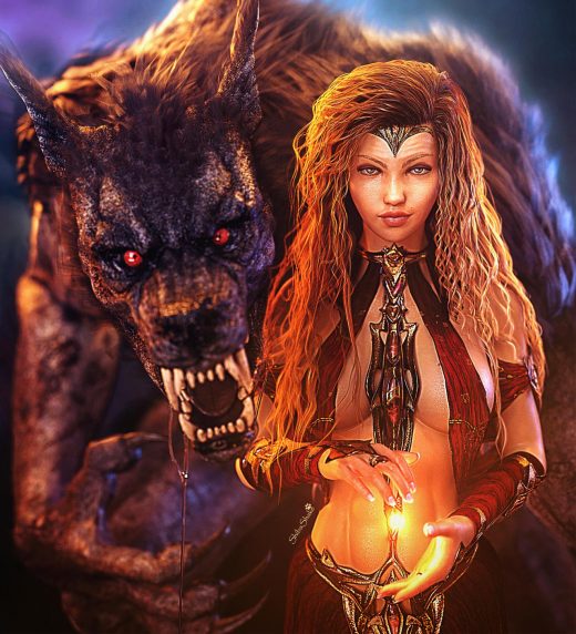 Love and fear duality. Large scary werewolf with redhead fantasy woman conjuring a magical light. Pinup Gothic 3d-art. Daz Studio Iray image.